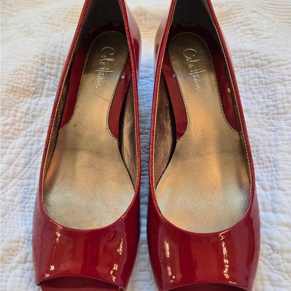 Cole Haan Women's Red Patent Peep Toe Wedges